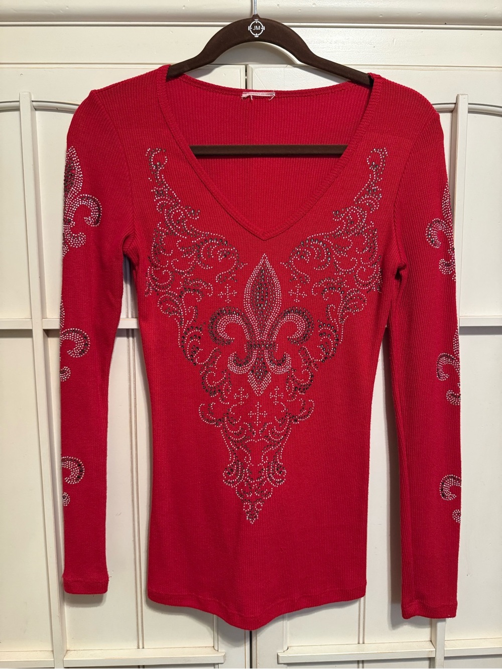 Vocal Red Long-Sleeve V-Neck Top with Rhinestone Fleur-de-Lis